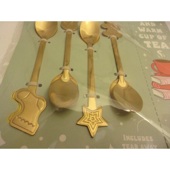 Set of 4 Christmas Spoons Stocking Gingerbread Man Snowman Star Mini Gold New - Picture 3 of 4